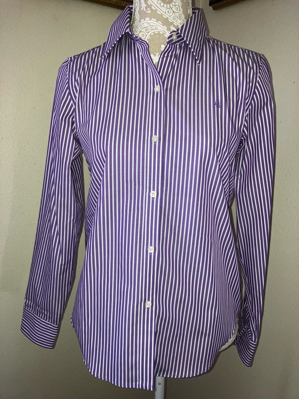 Lauren Ralph Lauren Purple and White Classic Striped Button-Down Shirt Non Iron